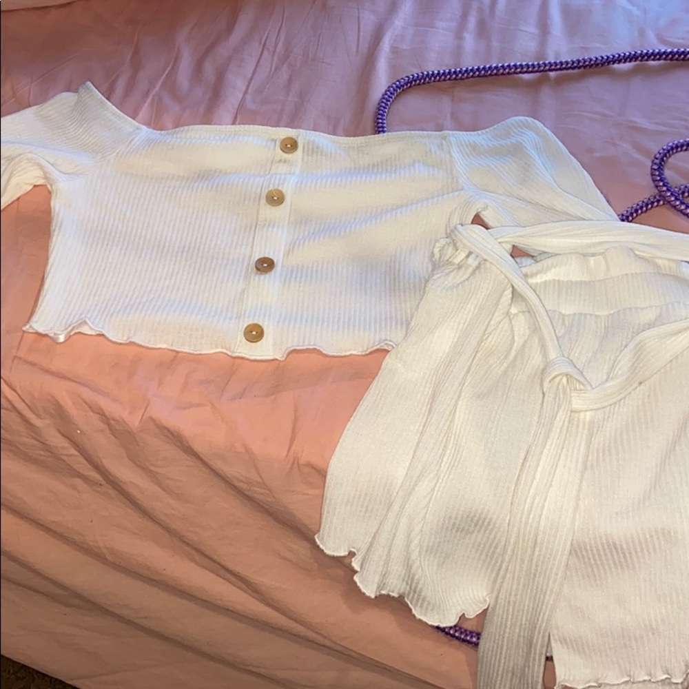 White crop top long sleeve button shorts set
